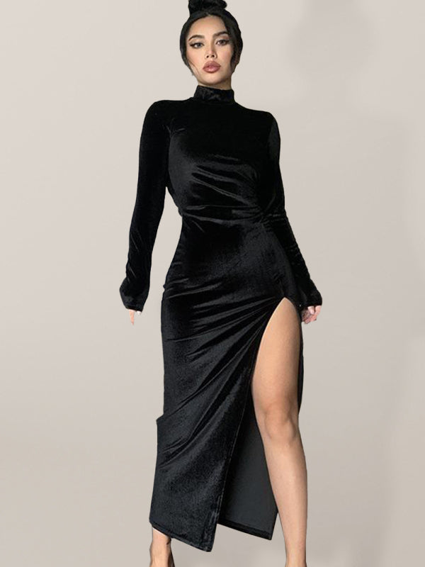Attakora - High-neck long velvet dress pleated slit dress