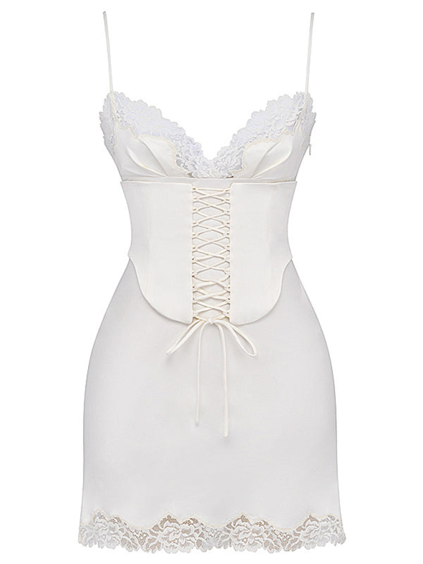 Ballers -  lace stitching V-neck strapless backless dress