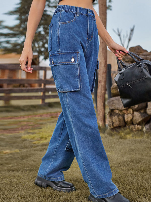 denim washed multi-pocket overalls trousers casual trousers