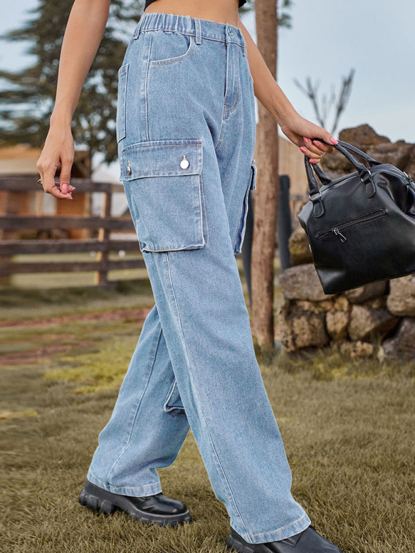 denim washed multi-pocket overalls trousers casual trousers