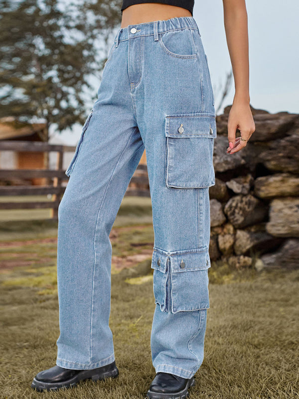 denim washed multi-pocket overalls trousers casual trousers