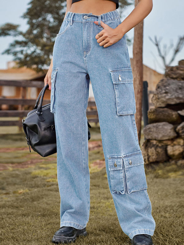 denim washed multi-pocket overalls trousers casual trousers