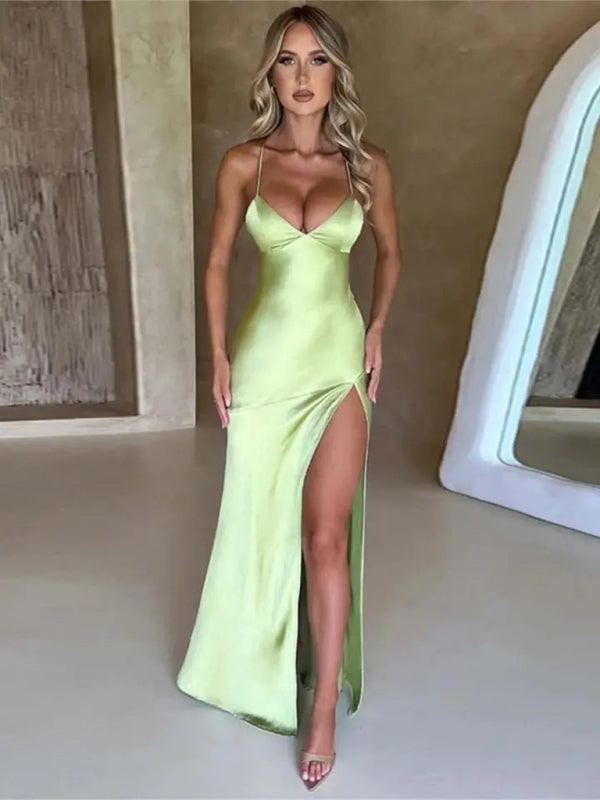 Laciver - V-neck satin slit sexy backless long dress