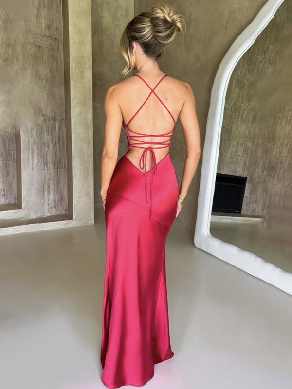 Laciver - V-neck satin slit sexy backless long dress