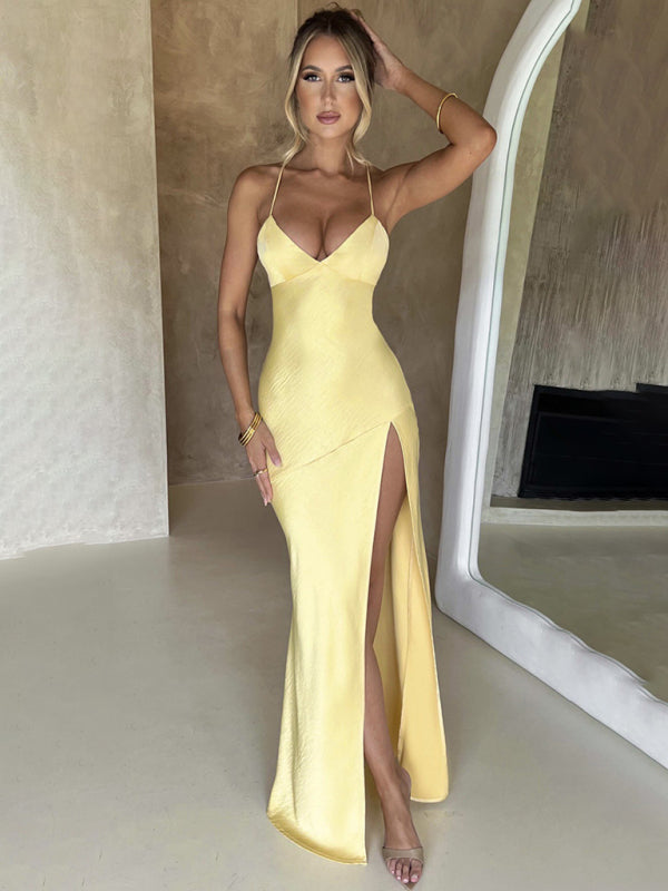 Laciver - V-neck satin slit sexy backless long dress