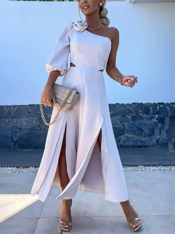 Lancome - slanted shoulder slit double layer dress