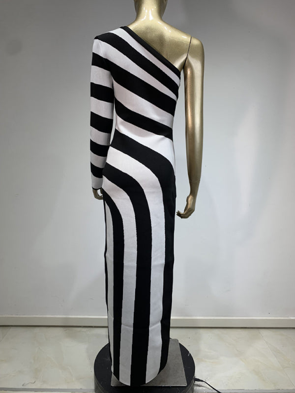 Laiytu - Zebra Print One Shoulder Long Sleeve Dress