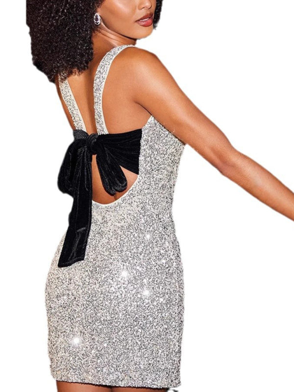 Borne - Sleeveless Fitted Backless Bow Sequin Mini Dress