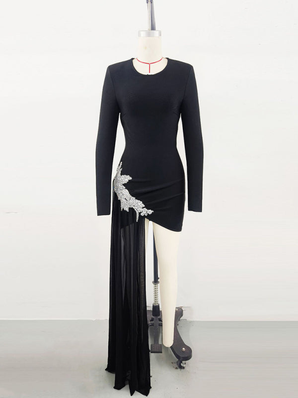 Blacklove- Diamond Flower Long Sleeve Evening Dress