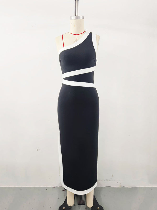Blockage - One-shoulder colorblocked long skirt waist tight dress