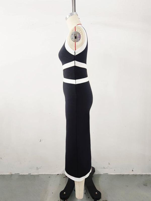 Blockage - One-shoulder colorblocked long skirt waist tight dress