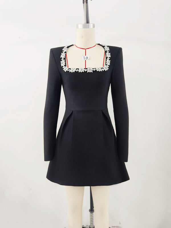 French Square Neck Diamond Long Sleeve Dress