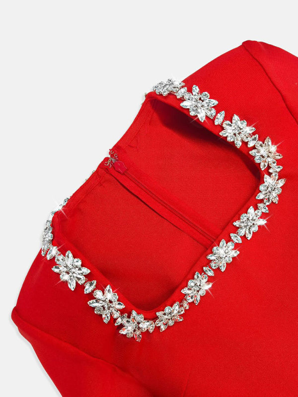 French Square Neck Diamond Long Sleeve Dress