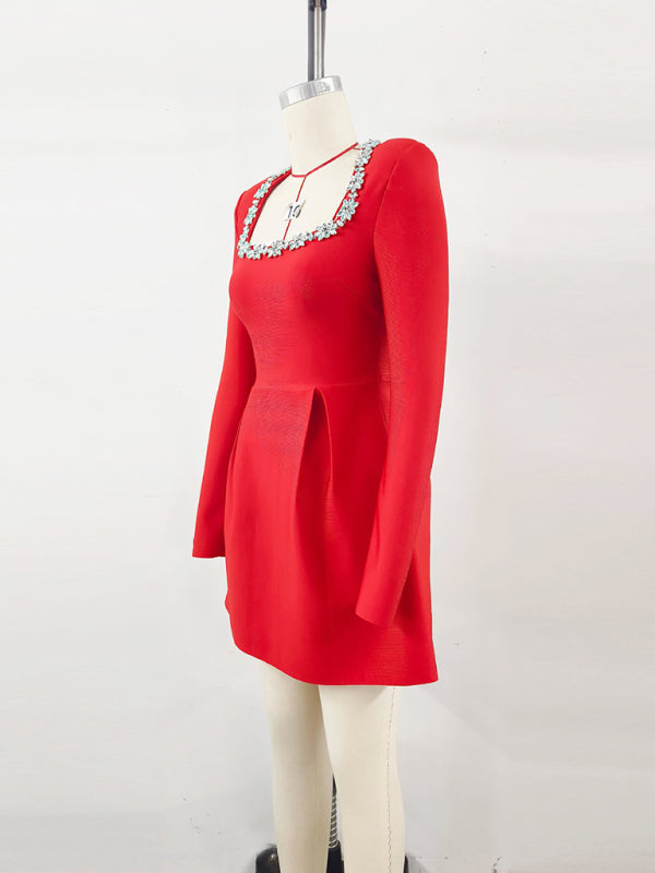 French Square Neck Diamond Long Sleeve Dress