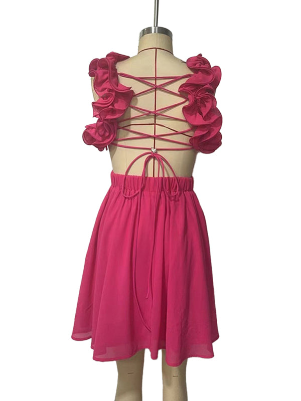 Hollow - lace halter back short dress