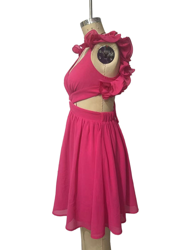 Hollow - lace halter back short dress