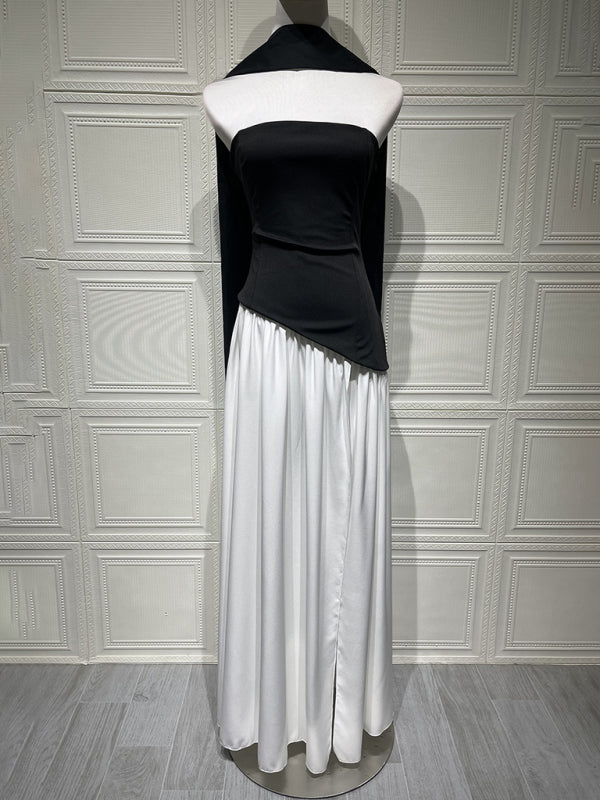 Black and white colorblock tube top solid color open back slit dress