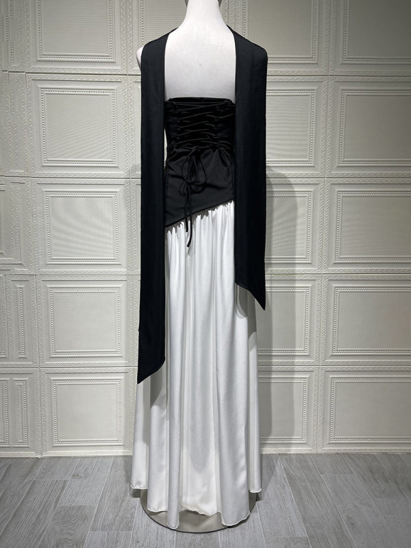 Black and white colorblock tube top solid color open back slit dress