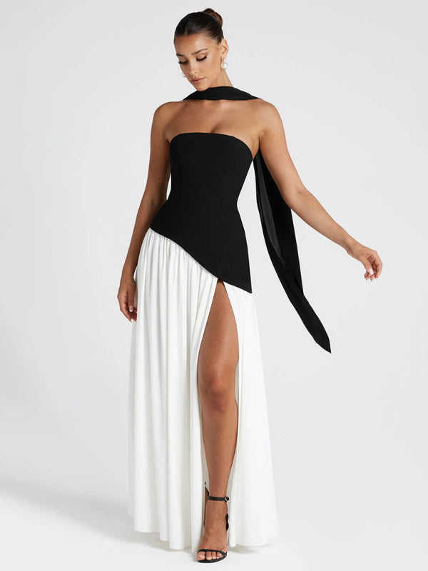 Black and white colorblock tube top solid color open back slit dress