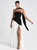Black and white colorblock tube top solid color open back slit dress