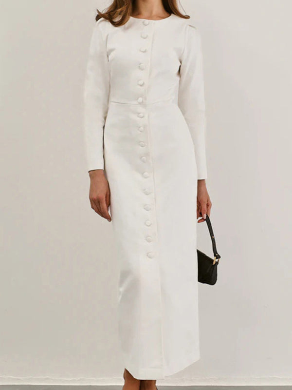 Elegant - single-breasted white long-sleeved dress
