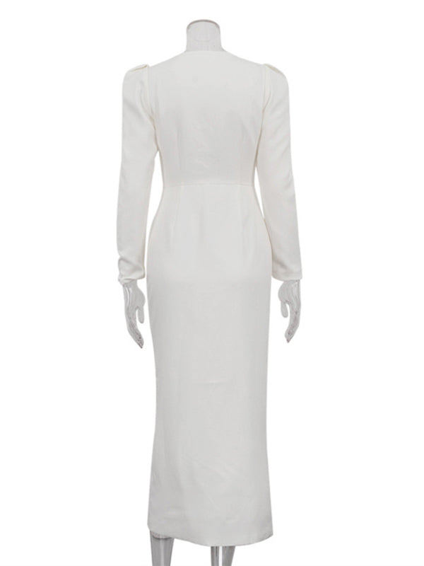 Elegant - single-breasted white long-sleeved dress
