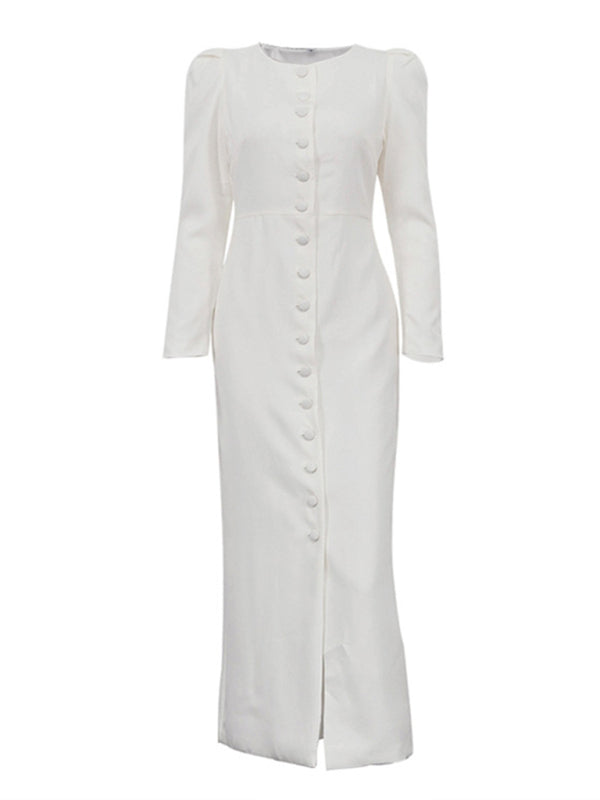 Elegant - single-breasted white long-sleeved dress