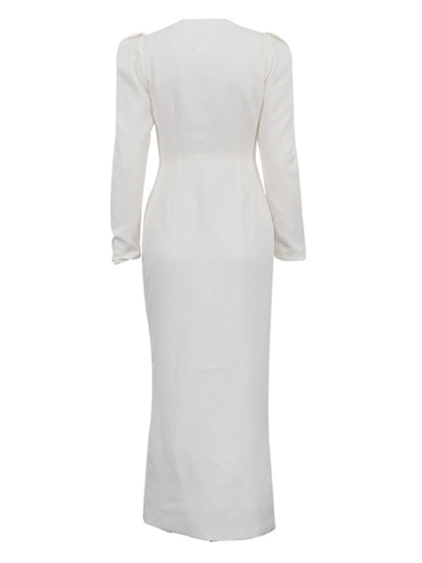 Elegant - single-breasted white long-sleeved dress